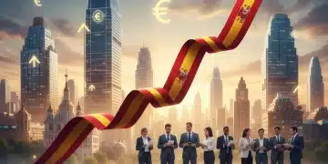 Gráfico de barras ascendente con el skyline de una ciudad española, simbolizando inversiones rentables en España.