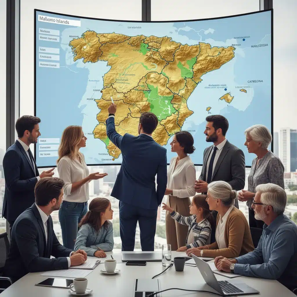 Inversores analizando un mapa de España con zonas destacadas para oportunidades de inversión inmobiliaria.