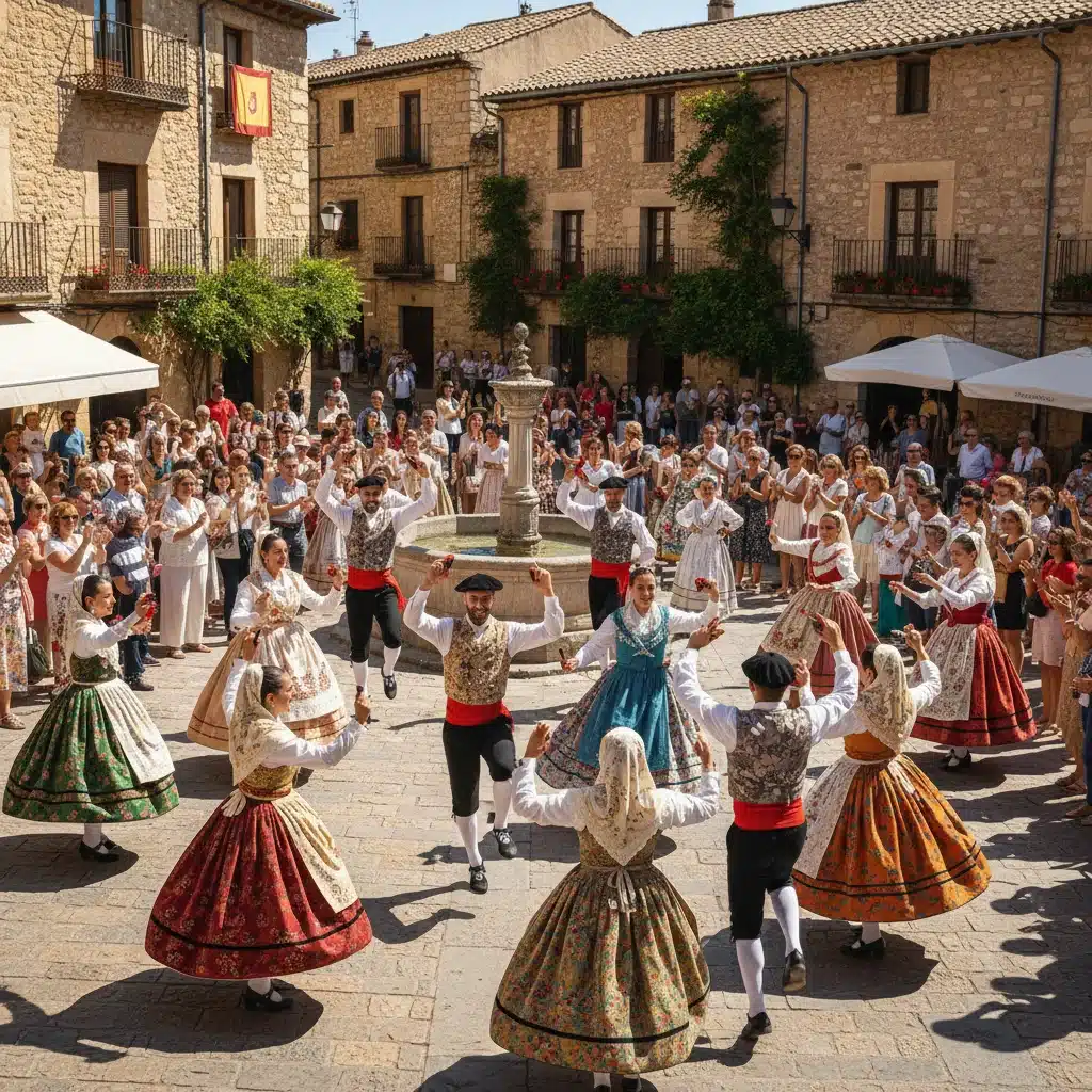 Grupo de personas bailando una jota tradicional en una plaza de pueblo española.