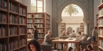 Personas leyendo tranquilamente en una biblioteca moderna española, con estanterías llenas de libros y luz natural.