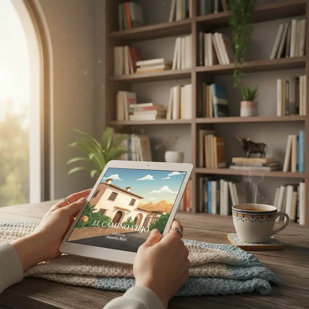 Manos sosteniendo una tableta con un libro electrónico en un ambiente hogareño, destacando la lectura digital.