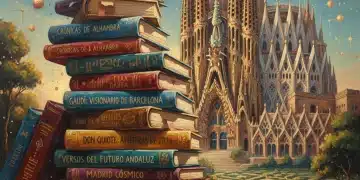 Pila de libros diversos con títulos españoles y monumentos icónicos de España de fondo, simbolizando las novedades literarias de 2026.