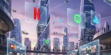 Paisaje urbano futurista de Madrid con proyecciones holográficas de plataformas de streaming, simbolizando el consumo cultural digital en España en 2026.
