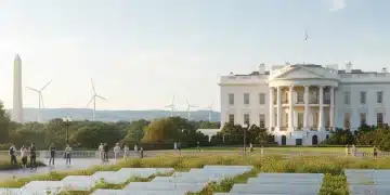 La Maison Blanche sous un soleil éclatant, avec des panneaux solaires et des éoliennes, symbolisant l'engagement envers les énergies renouvelables.