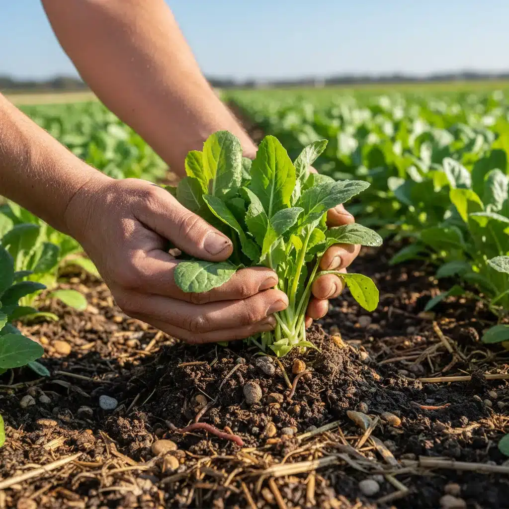 Manos de agricultor cuidando cultivos orgánicos en España