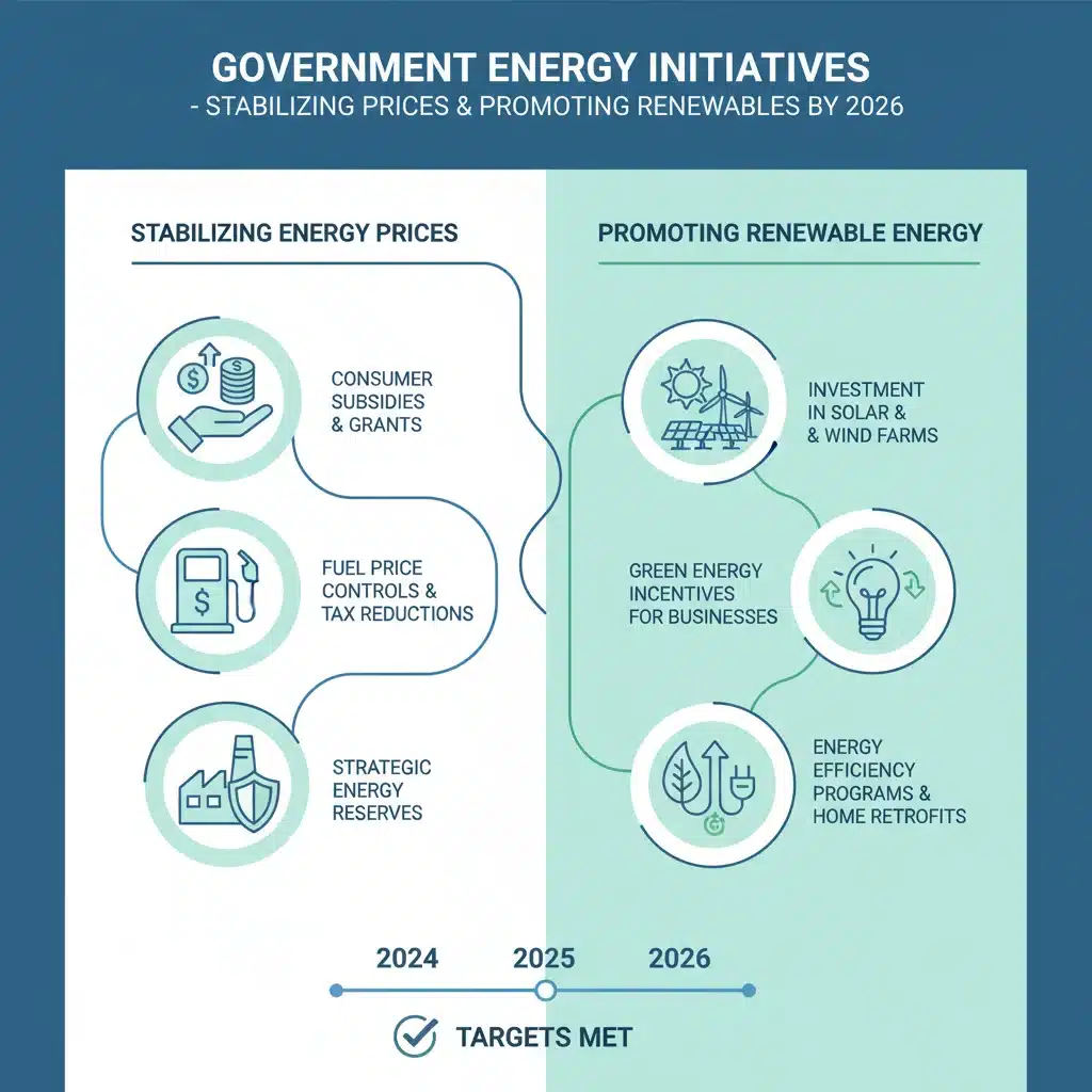 Infografía de medidas gubernamentales para estabilizar el precio de la energía y fomentar renovables hasta 2026.