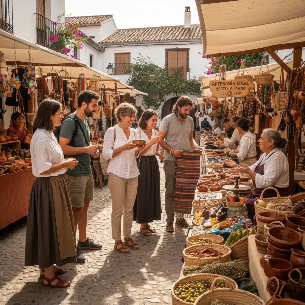 Viajeros interactuando con artesanos locales en un mercado tradicional español, promoviendo el comercio justo y la cultura.