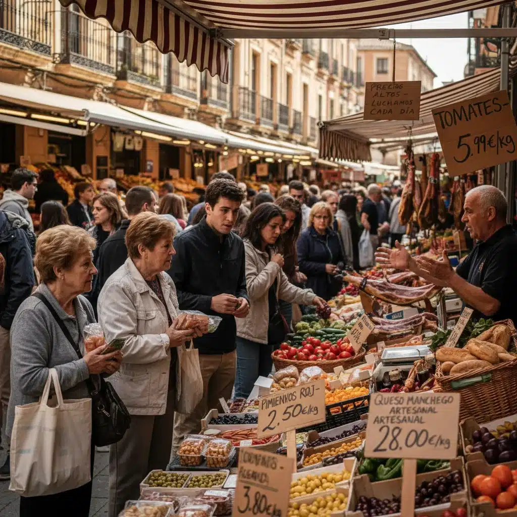 Escena de mercado español con compradores, representando el impacto de la inflación en los precios de los alimentos.