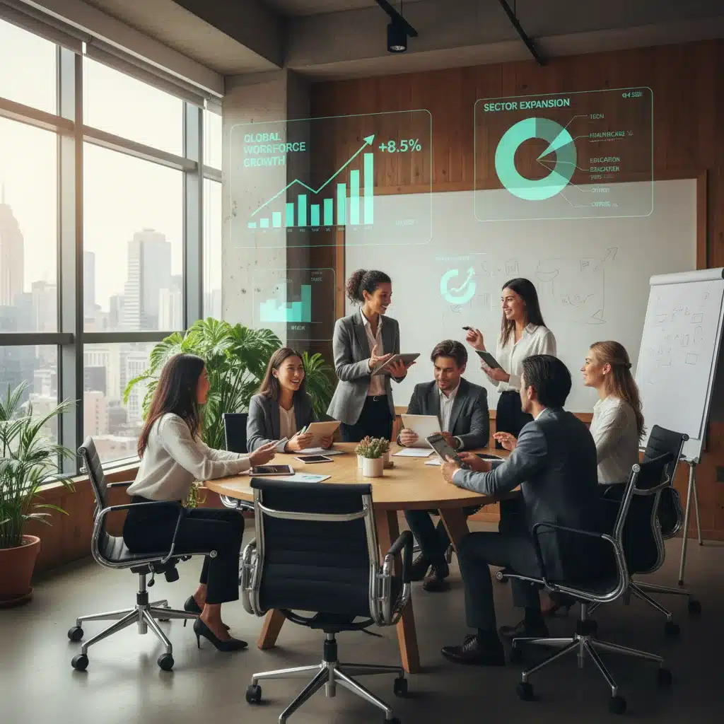 Profesionales diversos trabajando en un entorno moderno, representando un mercado laboral dinámico y en crecimiento.