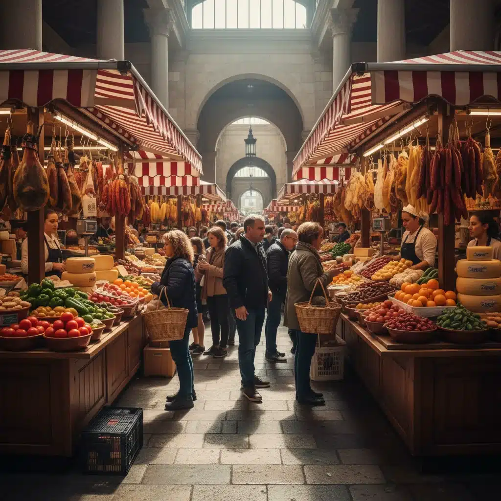 Mercado tradicional español con puestos llenos de productos frescos, quesos y embutidos de la región.