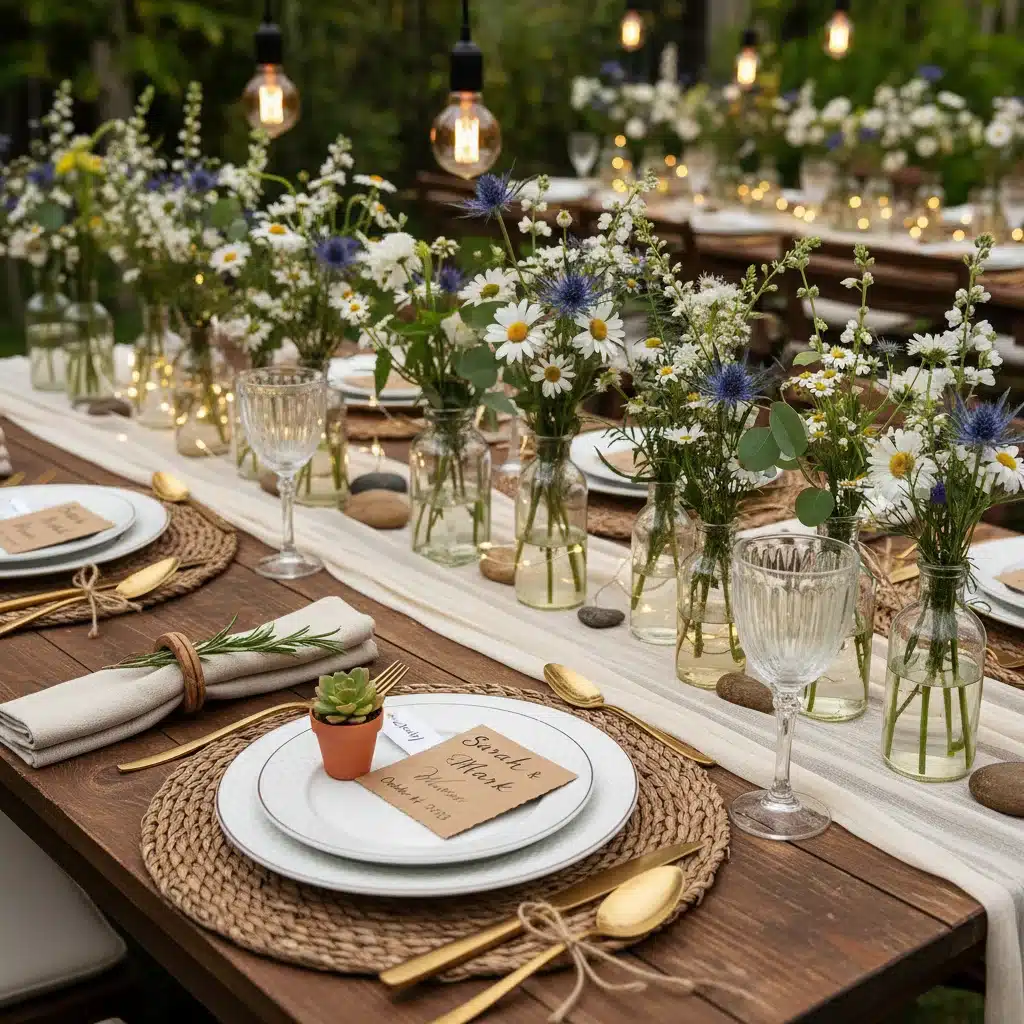 Mesa de boda elegantemente decorada con detalles personalizados y flores.