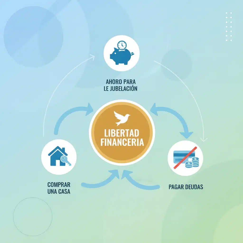 Infografía de metas financieras personales como ahorro para vivienda y jubilación.