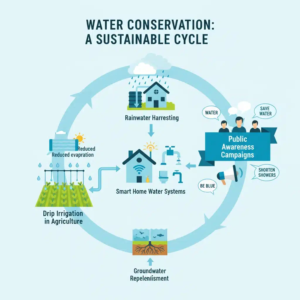 Infografía detallando métodos de ahorro y conservación de agua para uso doméstico y agrícola.