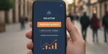 Persona mirando ofertas de microcréditos en una aplicación móvil, con fondo de ciudad española.
