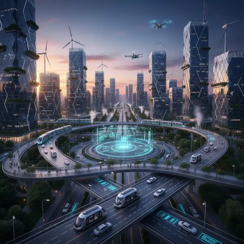 Entorno de ciudad inteligente con vehículos eléctricos autónomos, transporte público avanzado e infraestructura de energía verde, representando movilidad sostenible.