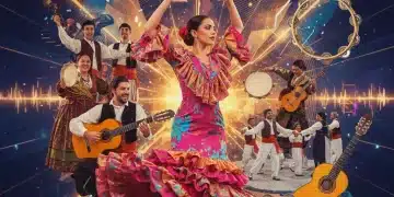 Collage vibrante de diferentes géneros de música tradicional española, incluyendo flamenco, jota y sardana.