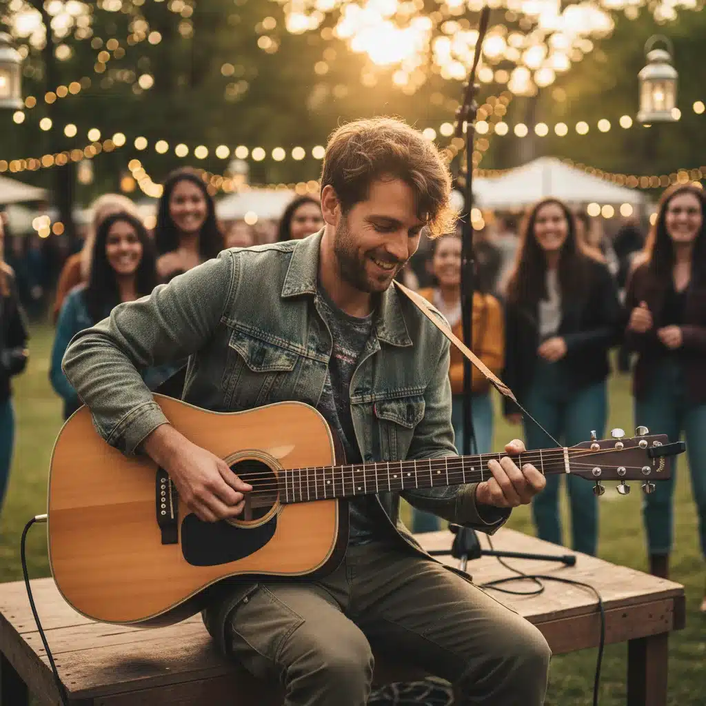 Músico tocando guitarra acústica en escenario íntimo de festival