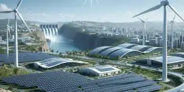 Paisaje español con turbinas eólicas, paneles solares y una central hidroeléctrica, simbolizando el avance de las energías renovables en España hacia el objetivo de 2026.