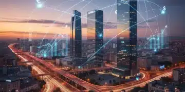 Paisaje urbano moderno de España al atardecer, representando el dinamismo económico y la inversión extranjera directa.