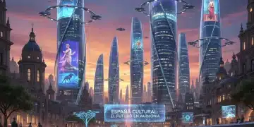 Paisaje urbano futurista en España con proyecciones holográficas de ocio cultural