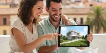 Pareja joven planificando la compra de su primera vivienda en España con un plano en la mesa, simbolizando el ahorro y la inversión a largo plazo.