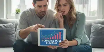 Pareja preocupada analizando gráficos financieros sobre el aumento del Euríbor y su impacto en la hipoteca.