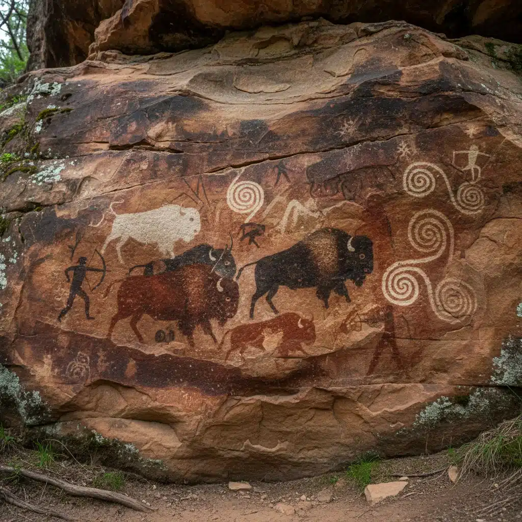Detalle de una pintura rupestre prehistórica en una cueva, parte de una ruta de senderismo.