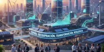 Infografía del Plan de Recuperación, Transformación y Resiliencia de España 2026 con elementos de innovación y sostenibilidad.