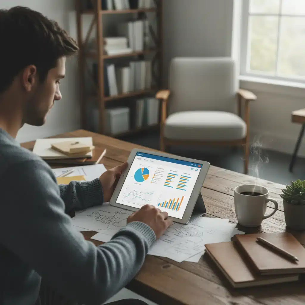 Persona planificando su jubilación con una tablet y herramientas financieras.