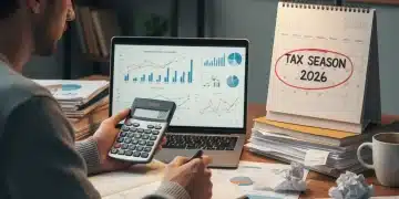 Hombre planificando sus finanzas para la declaración de la Renta 2026 con ordenador y calculadora.