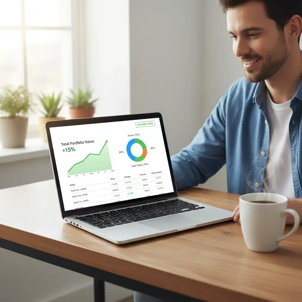 Persona usando una plataforma de inversión online en un ordenador, mostrando facilidad de uso.