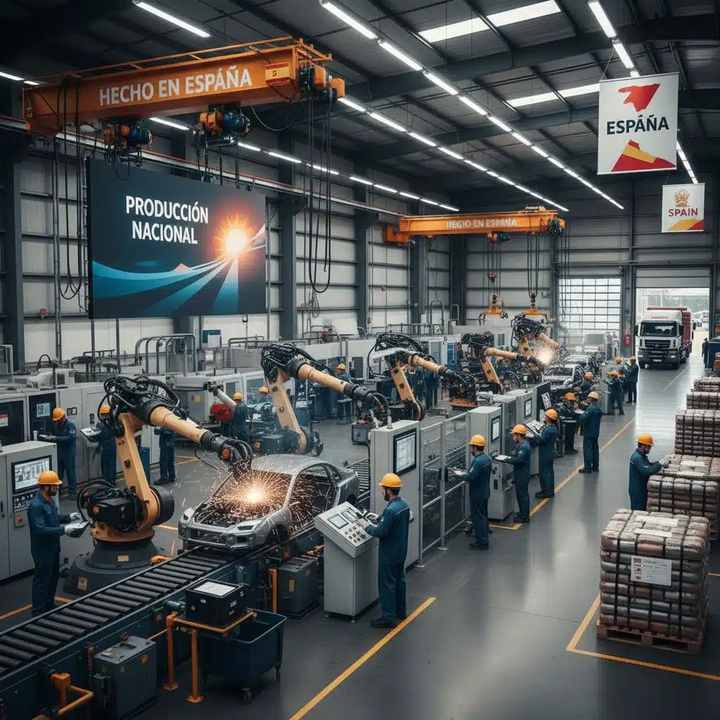 Trabajadores en una línea de producción industrial en España, simbolizando la producción nacional