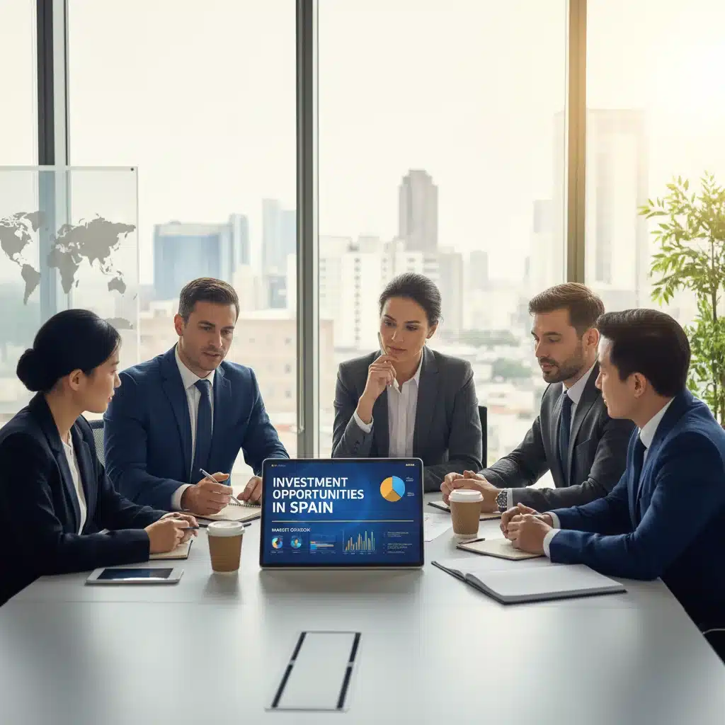 Profesionales de negocios internacionales colaborando en una oficina moderna, discutiendo oportunidades de inversión en España.