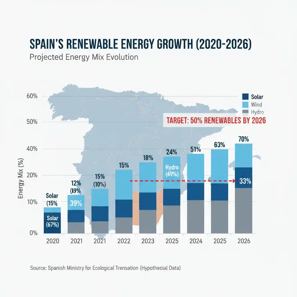 Gráfico de proyección del crecimiento de energías renovables en España hasta 2026, mostrando la contribución de la energía solar, eólica e hidroeléctrica.