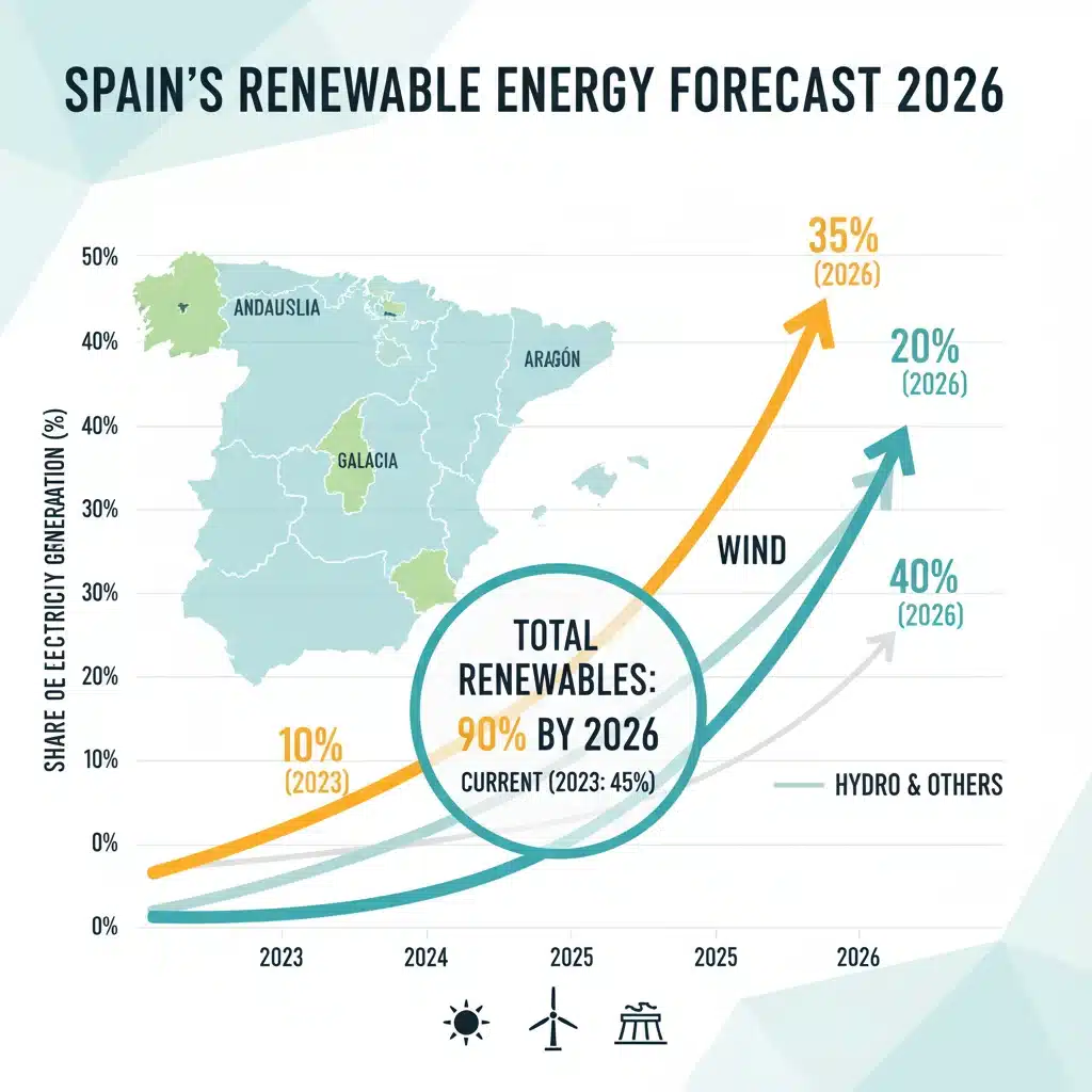 Gráfico de proyección de crecimiento de energías renovables en España para 2026.