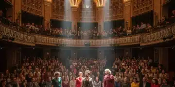 Público diverso y emocionado en un teatro español, reflejando el impacto social de la obra.
