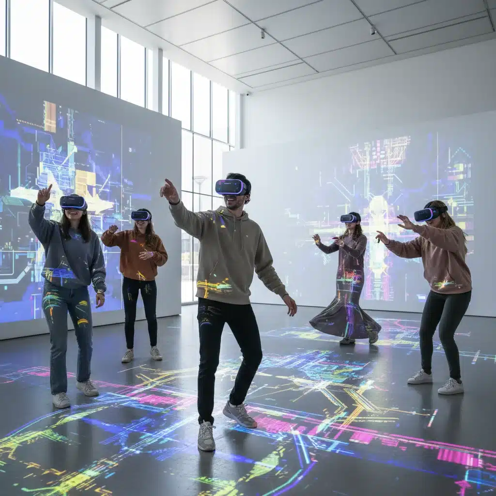 Jóvenes experimentando una instalación de arte digital inmersiva con realidad virtual