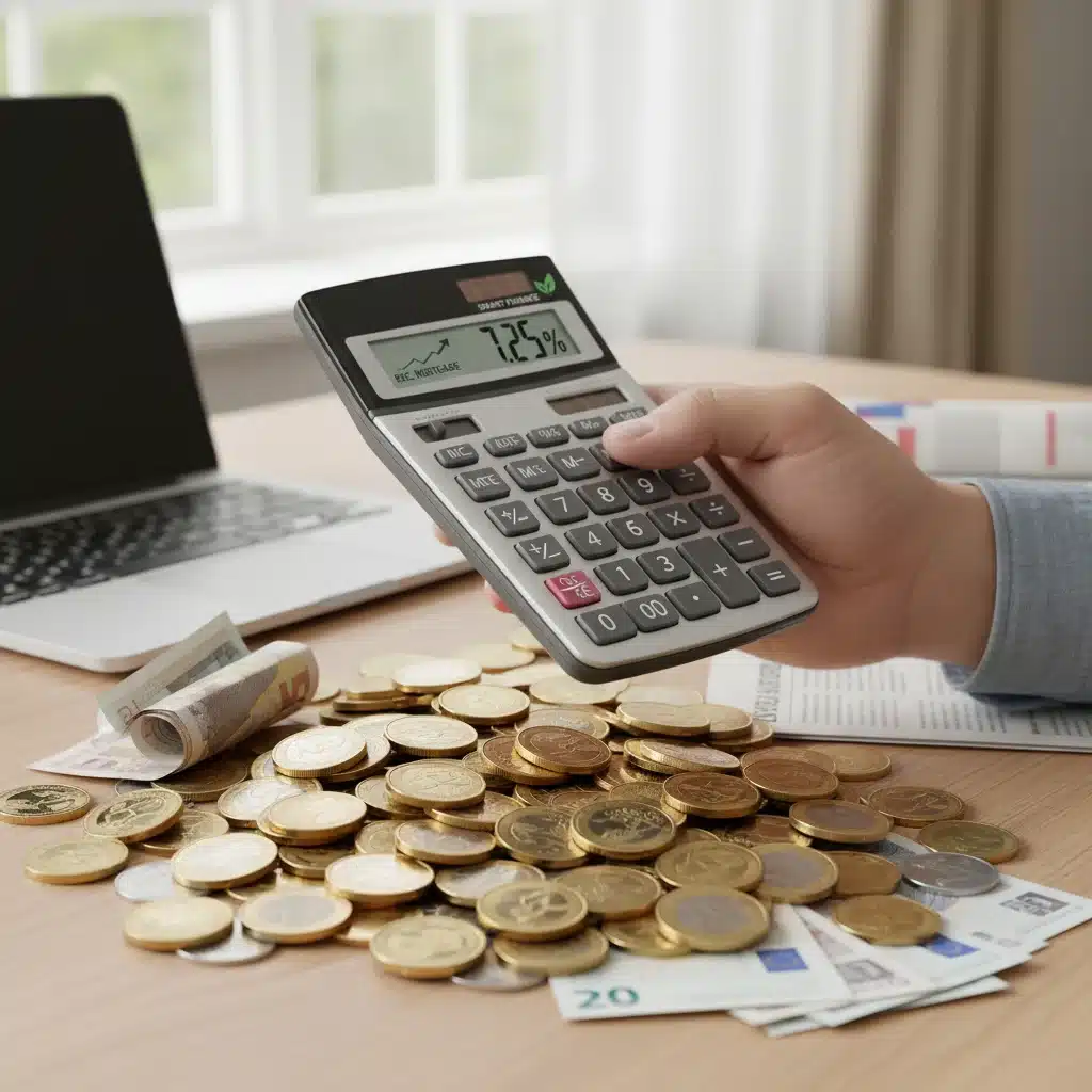 Mano con calculadora sobre monedas y billetes, representando el recálculo de la hipoteca y decisiones financieras.