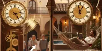 Reloj y persona descansando, simbolizando la reducción de jornada laboral en España.
