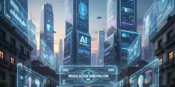 Paisaje urbano futurista con elementos de IA y arquitectura española, simbolizando las regulaciones de IA en España 2026.