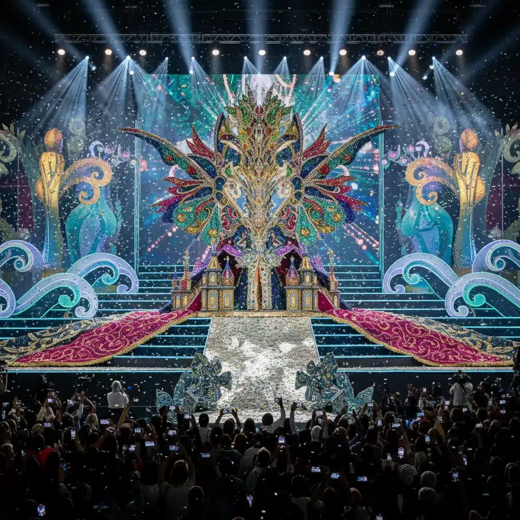 Reina del Carnaval de Santa Cruz de Tenerife con un traje espectacular y ornamentado en el escenario de la gala.