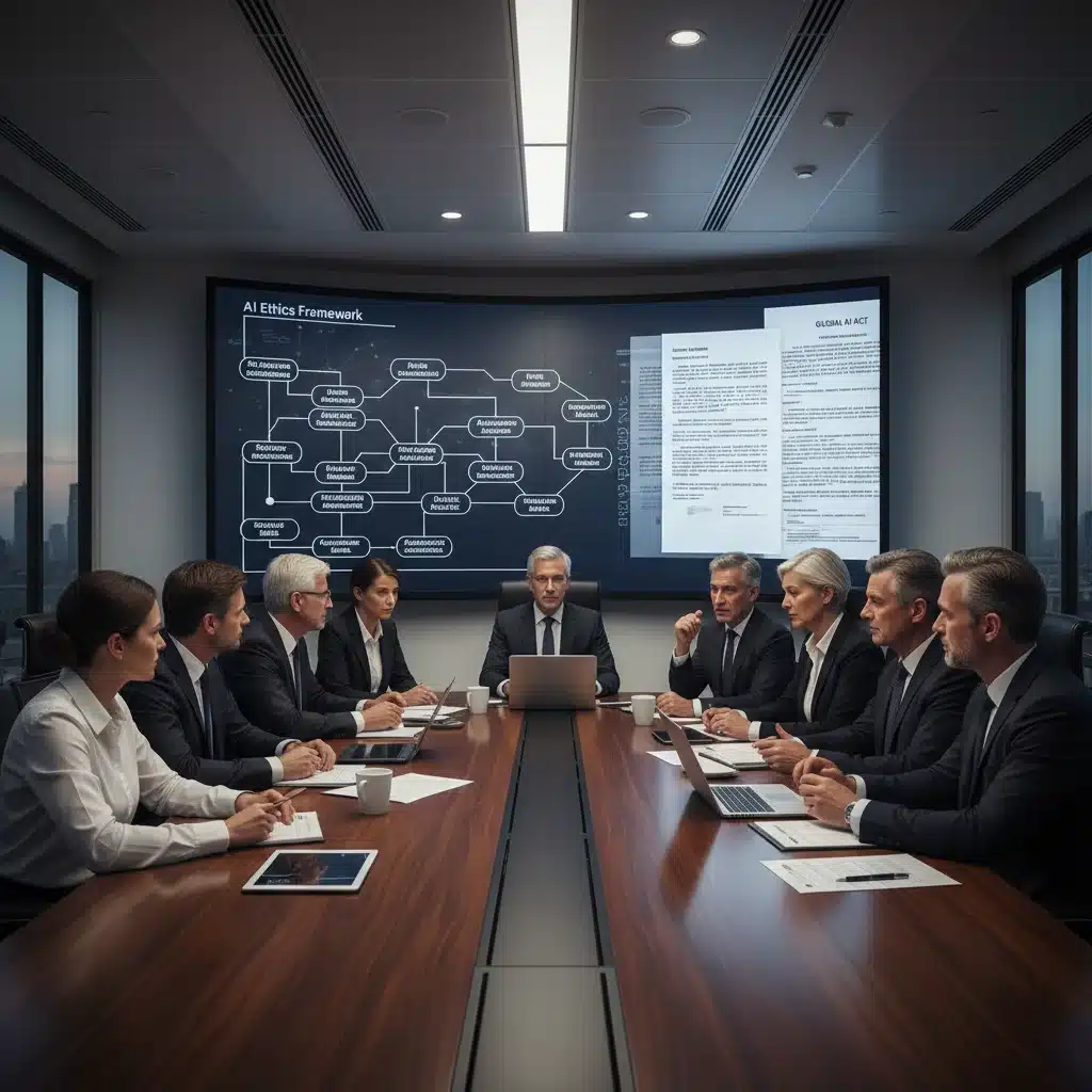 Profesionales en una reunión de negocios discutiendo la ética y cumplimiento de las regulaciones de IA.