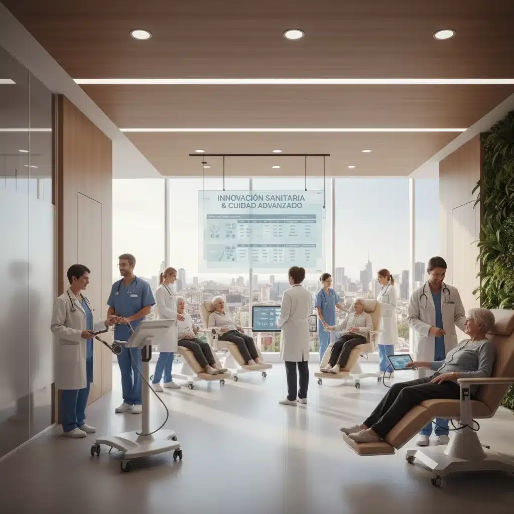 Instalaciones sanitarias modernas con personal médico atendiendo a personas mayores