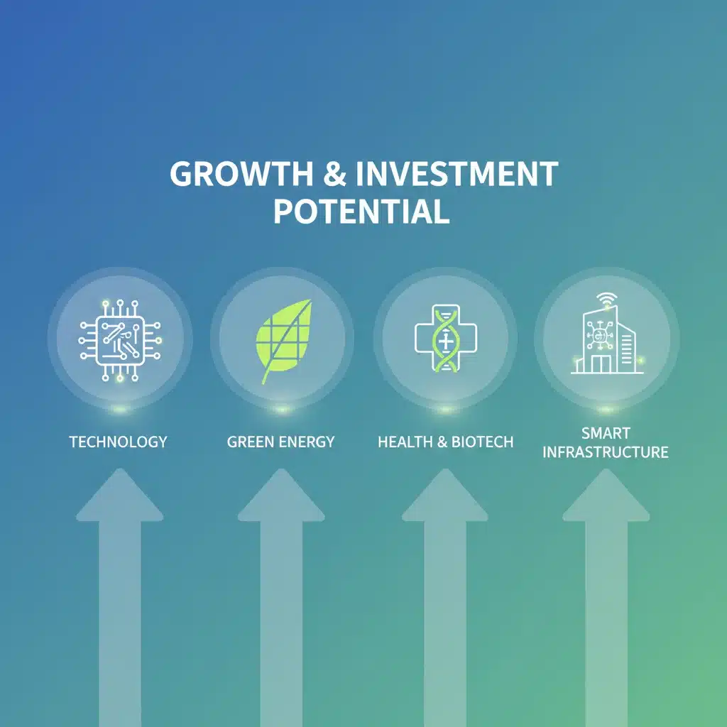 Infografía con iconos de tecnología, energía verde, biotecnología e infraestructura inteligente, mostrando el crecimiento sectorial.