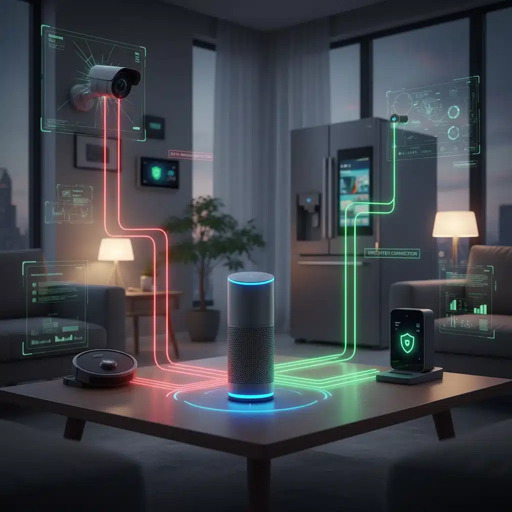 Red de dispositivos inteligentes IoT con conexiones seguras y vulnerables