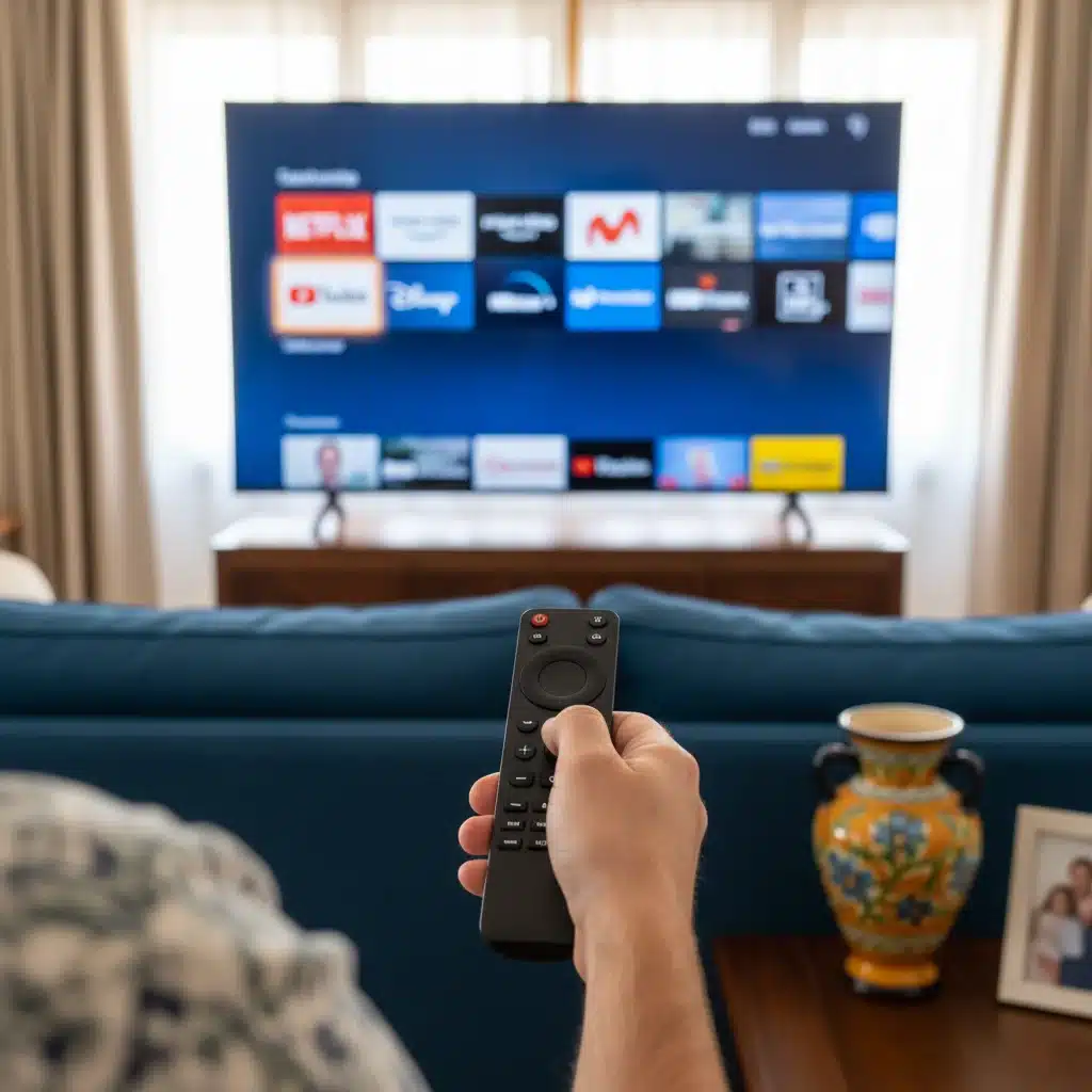 Mano sosteniendo un mando a distancia, eligiendo entre diversas plataformas de streaming en una pantalla de televisión inteligente, reflejando la personalización del consumo.