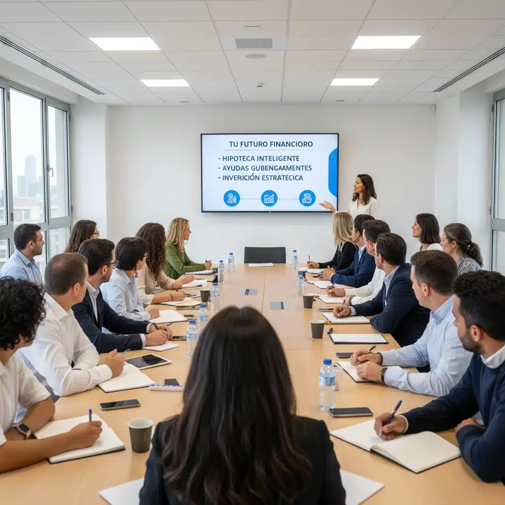 Grupo de personas asistiendo a un seminario financiero sobre hipotecas y ayudas para la compra de vivienda en España, con un experto explicando conceptos clave.