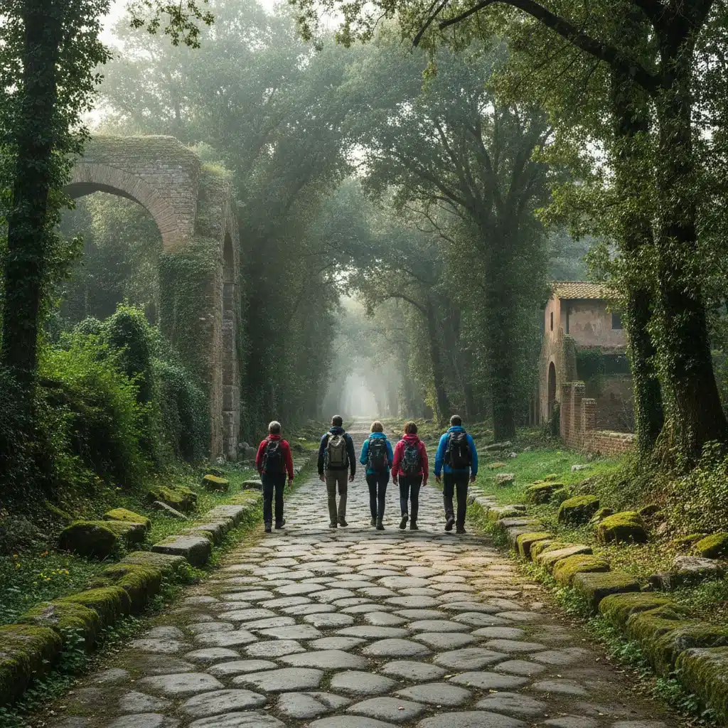 Senderistas caminando por una calzada romana antigua en un bosque frondoso.