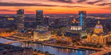Skyline urbano de una ciudad española al anochecer, con edificios culturales iluminados y un ambiente vibrante.