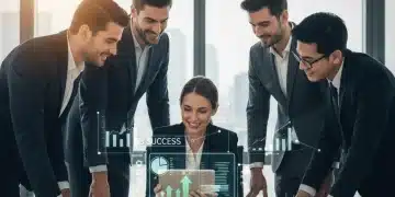 Professionnels discutant de stratégie de marketing de contenu B2B sur une tablette, avec des graphiques de données.